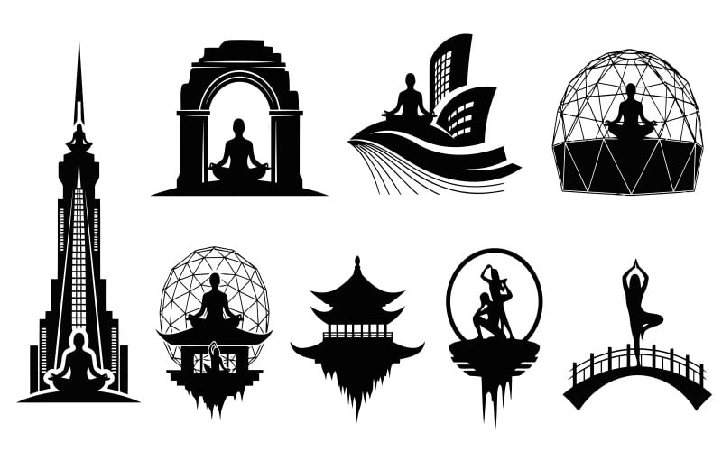 Schwarze Silhouette von Yoga-Posen an verschiedenen Orten, Vektorillustration, isoliert auf weißem Hintergrund