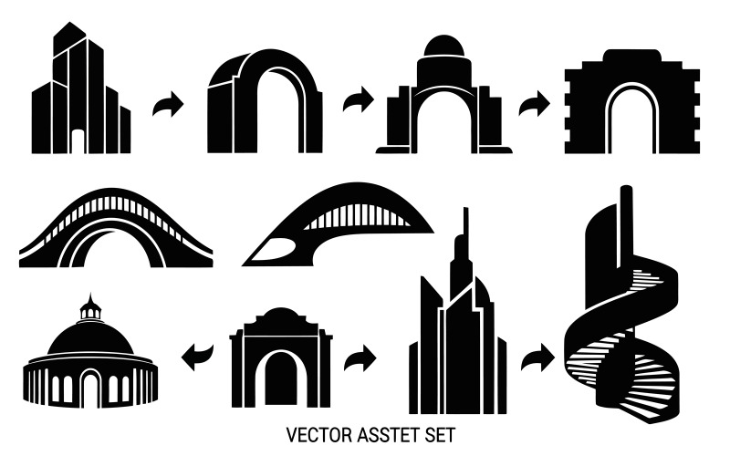Set di sagome di punti di riferimento della città vettoriale nero, design piatto isolato su sfondo bianco