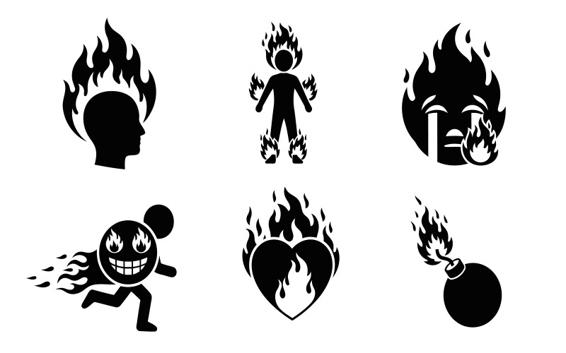 Verzameling van zwarte silhouetpictogrammen met diverse vlammende objecten, geïsoleerd op een witte achtergrond.