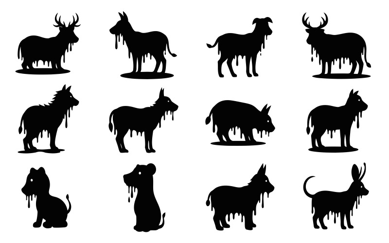 Colección de siluetas de animales derretidos en negro aisladas sobre fondo blanco