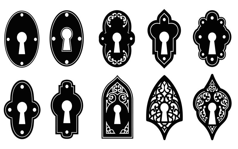 Collectie van sierlijke vintage sleutelgatsilhouetten in diverse decoratieve uitvoeringen, geïsoleerd op een witte achtergrond.