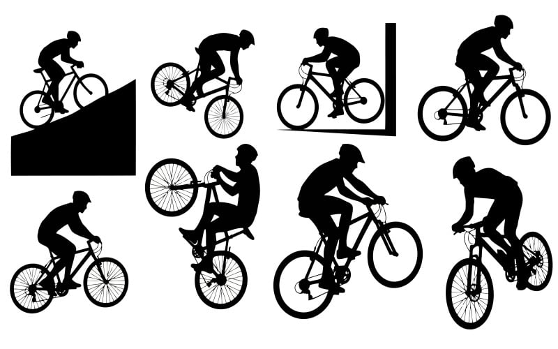Silhouettes de cyclistes dans différentes positions, isolées sur fond blanc