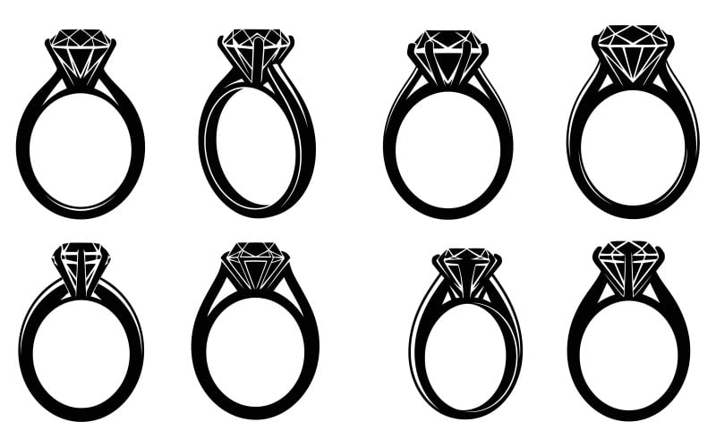 Вісім чорних діамантових кілець у різних орієнтаціях Векторна ілюстрація, ізольована на білому тлі