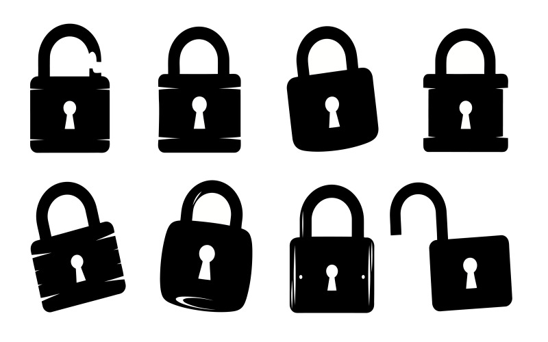 Acht zwarte hangslot silhouetten, in verschillende oriëntaties, geïsoleerd op een witte achtergrond.