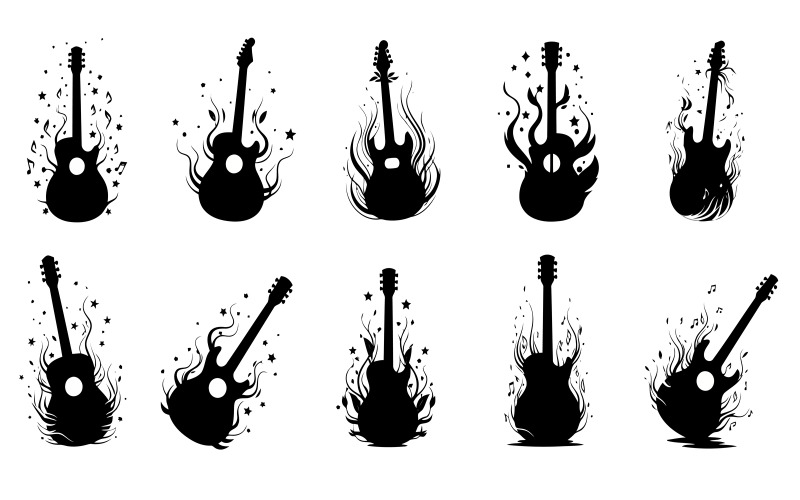 Beyaz arka plan üzerinde izole edilmiş, alevler içinde sekiz siyah silüet elektro gitarın vektör illüstrasyonu.