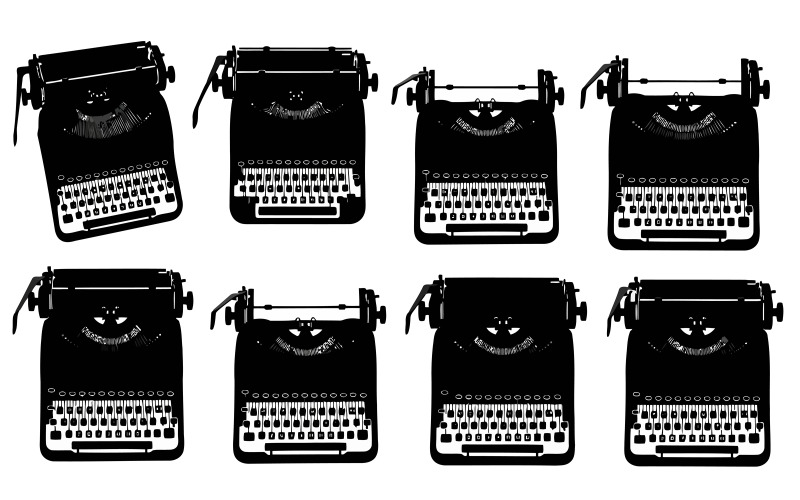 Acht zwarte vintage typemachines in silhouet, vector geïsoleerd op een witte achtergrond.