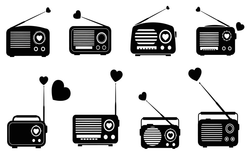 Samling av svarta vintage radiosilhuetter med hjärtan på, vektor isolerad på vit bakgrund