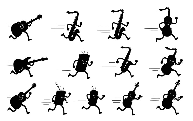 Silhouet van muziekinstrumenten als dansende stripfiguren, geïsoleerd op een witte achtergrond.