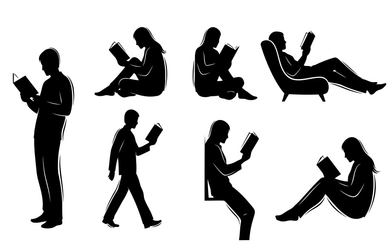 Silhuetas pretas de pessoas lendo livros em diversas poses e cenários, isoladas em fundo branco.