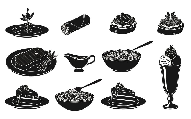 Svartvit vektorillustration av olika matvaror på tallrikar isolerad på vit bakgrund