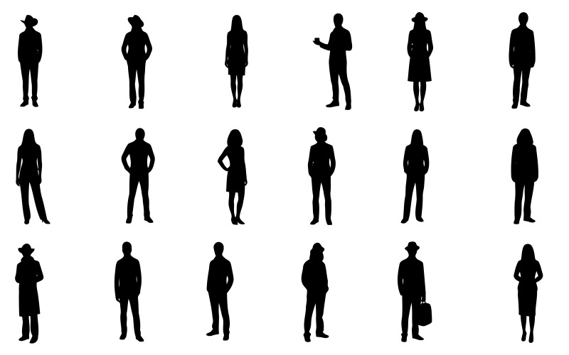 Coleção de silhuetas de várias pessoas em diferentes poses, isoladas em fundo branco.