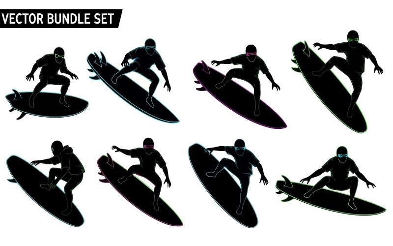 Conjunto de vectores de surfistas montando olas en estilo silueta aislado sobre fondo blanco