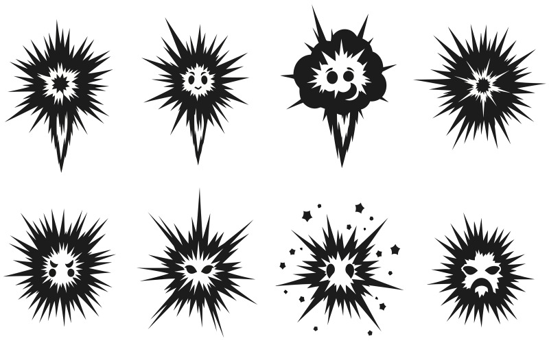 Acht zwarte explosiesymbolen met doodskoppen en stekelige effecten, vectorafbeeldingen geïsoleerd op een witte achtergrond.