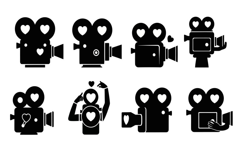 Icônes minimalistes d'appareil photo noires en silhouette avec des cœurs, isolées sur fond blanc.