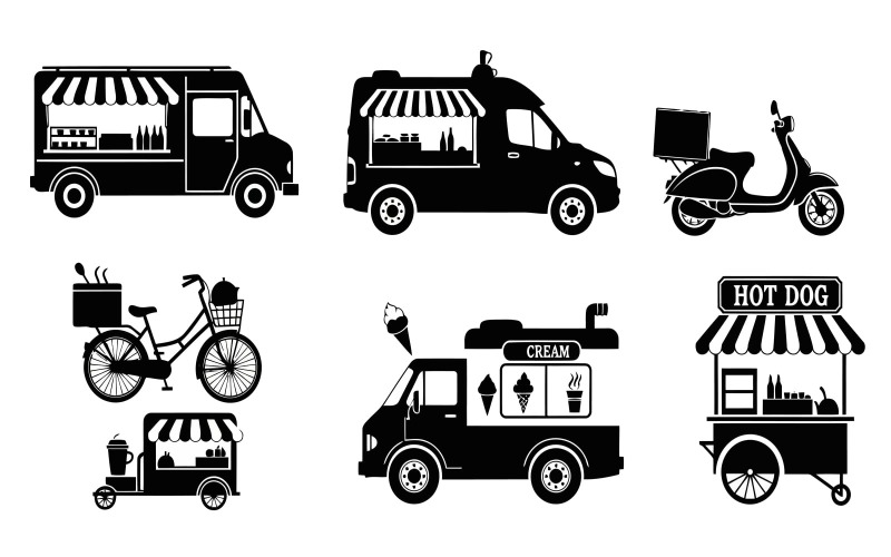 Illustrazione vettoriale di icone di camion di cibo con silhouette nera isolata su sfondo bianco
