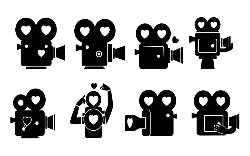 Минималистичные черные силуэтные иконки камер с сердечками, изолированные на белом фоне.