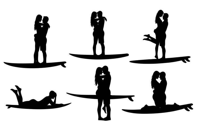Romantische silhouetten van een stel dat elkaar kust op surfplanken in verschillende poses, geïsoleerd op een witte achtergrond.