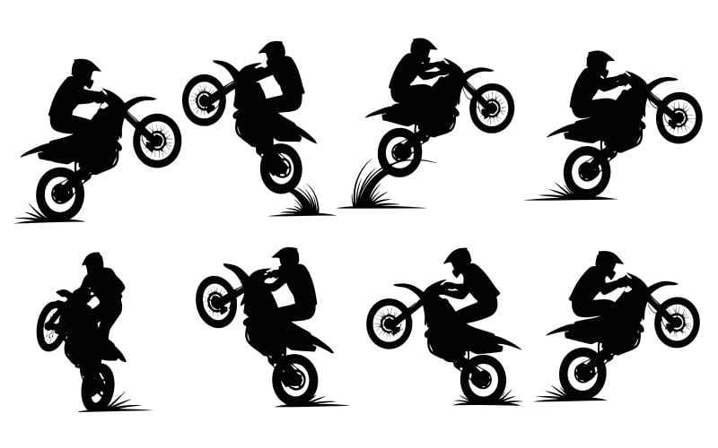 Silhuett av motorcyklist som utför stunts på dirt bike i olika isolerade på vit bakgrund