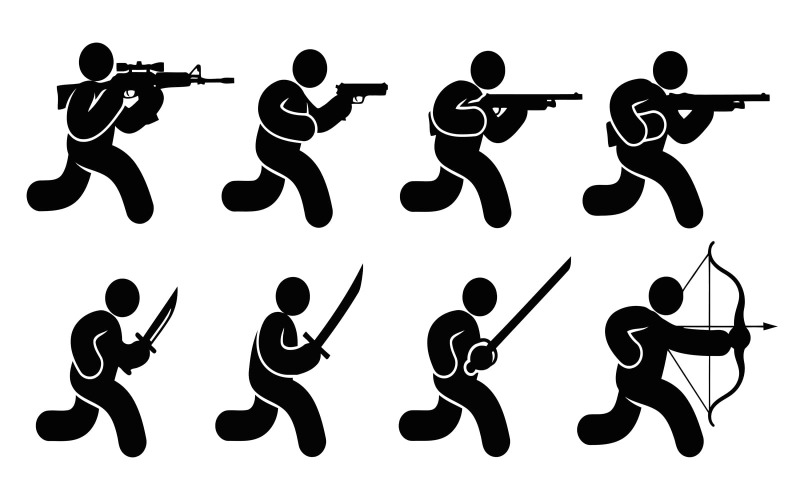 Silhouettes de personnes agenouillées tirant avec diverses armes, vectorielle isolée sur fond blanc
