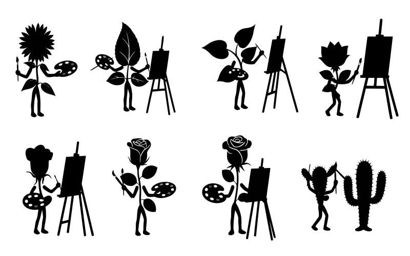 Silhueta de pessoas-planta pintando em cavalete. Ilustração vetorial isolada em fundo branco.