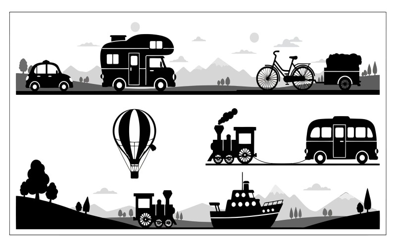 Silhuetas pretas de veículos de transporte em ilustração vetorial isolada em fundo branco.