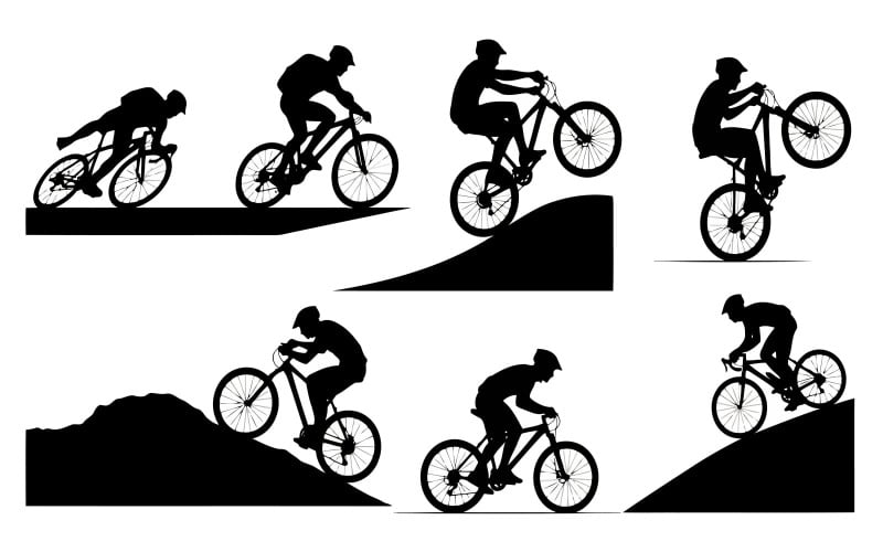 Silhuett av cyklist som cyklar på kullar i vektorillustration isolerad på vit bakgrund