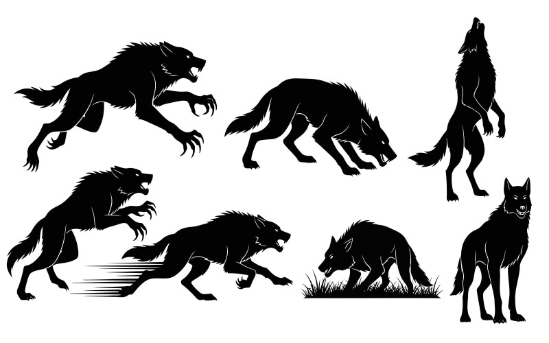 Verzameling van wolfsilhouetten in verschillende houdingen, vectorafbeeldingen geïsoleerd op een witte achtergrond.