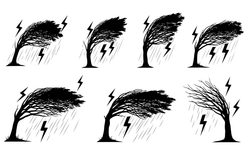 Zes zwarte silhouetten van bomen in verschillende stormachtige weersomstandigheden, geïsoleerd op een witte achtergrond.