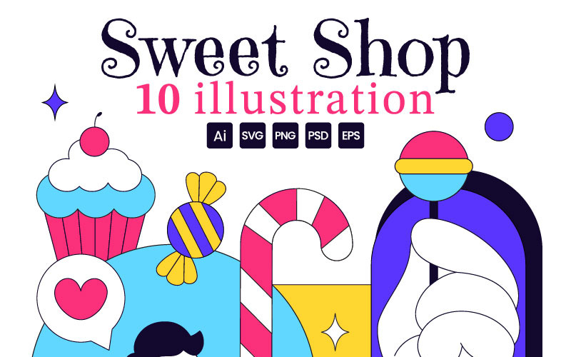 10 ilustracji wektorowych sklepu ze słodyczami