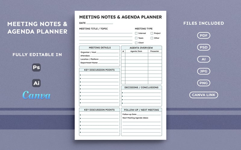 Notatki ze spotkań i planer agendy – Organizator spotkań biznesowych, minimalny szablon w formacie A4