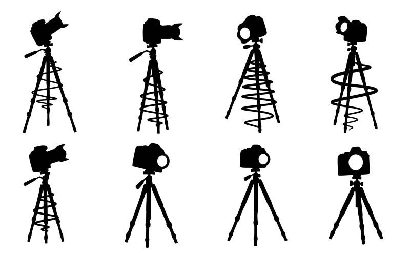 Osiem czarnych sylwetek statywów do aparatów fotograficznych na ilustracji wektorowej na białym tle