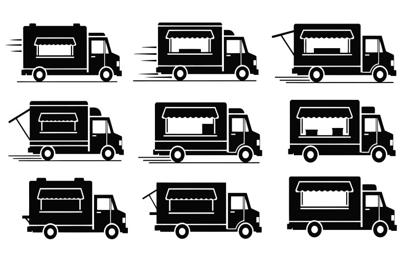 Set vectorillustraties van zwarte silhouetten van foodtrucks, geïsoleerd op een witte achtergrond.