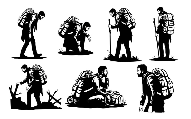 Silhueta de um homem caminhando com mochila em várias poses, vetor isolado em fundo branco.