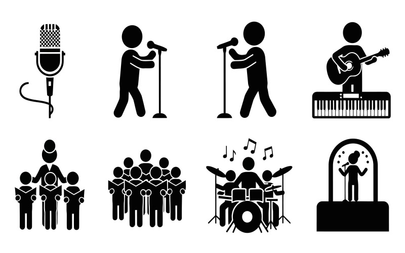 Silueta negra minimalista de íconos de la música y músicos actuando aislados sobre fondo blanco