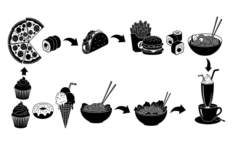 Zwart-wit vectorillustratie van de voedselcyclus met diverse gerechten, geïsoleerd op een witte achtergrond.