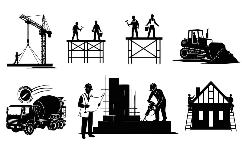 Bauarbeiter bauen ein Gebäude, Vektorillustration im Silhouette-Stil, isoliert auf weißem Hintergrund
