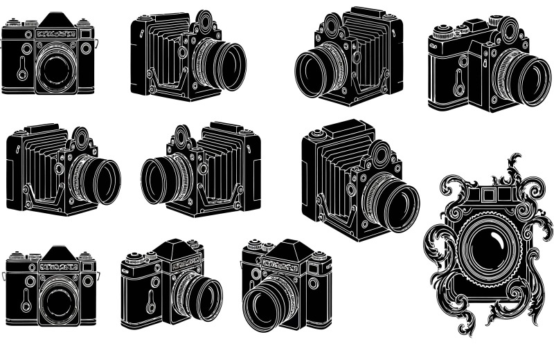 Coleção de ilustrações vetoriais em preto e branco de câmeras em diversas posições, isoladas em fundo branco.