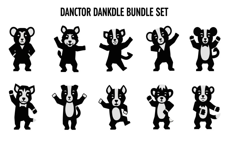 Conjunto de ilustrações vetoriais de guaxinins dançando em estilo plano, com fundo preto isolado em fundo branco.