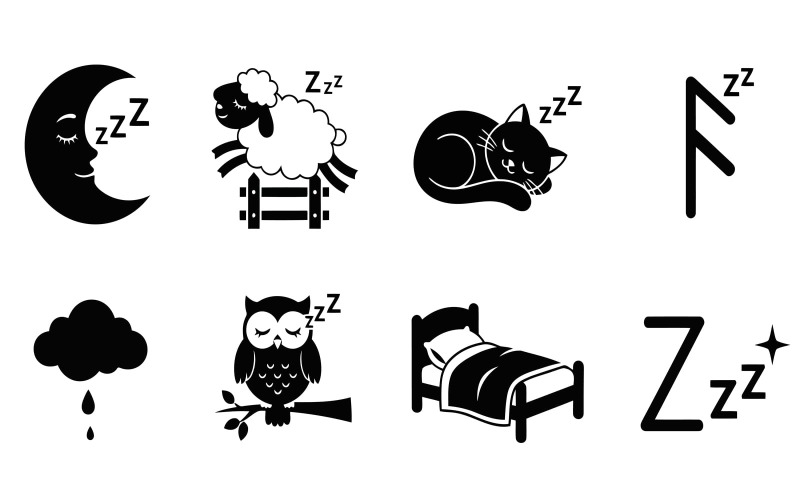 Icônes de sommeil avec lune, mouton, chat, nuage, hibou et lit, style vectoriel plat, isolées sur fond blanc.