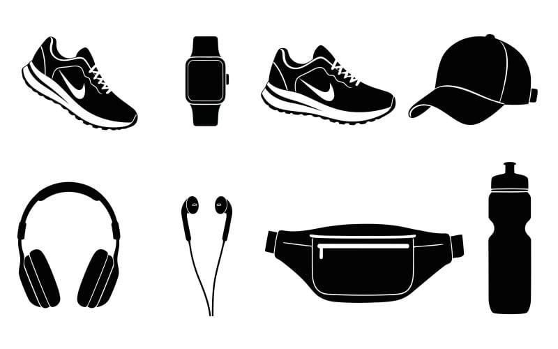 Icônes noires en silhouette d'accessoires de course et de fitness isolées sur fond blanc