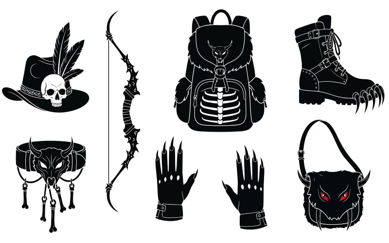 Ilustração vetorial de silhueta de acessórios de moda gótica isolada em fundo branco.