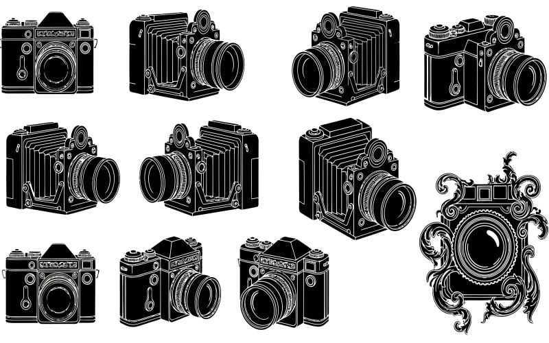 Коллекция черно-белых векторных иллюстраций камер в различных вариантах, изолированных на белом фоне.