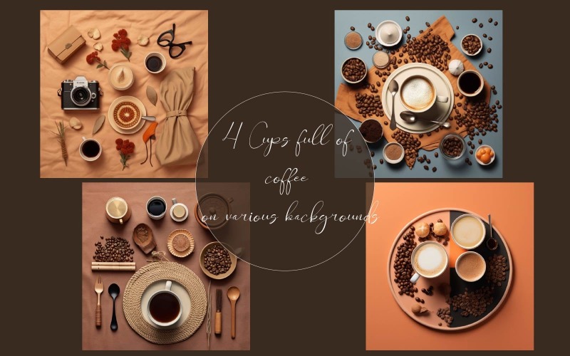 Kopjes vol koffie op verschillende achtergronden