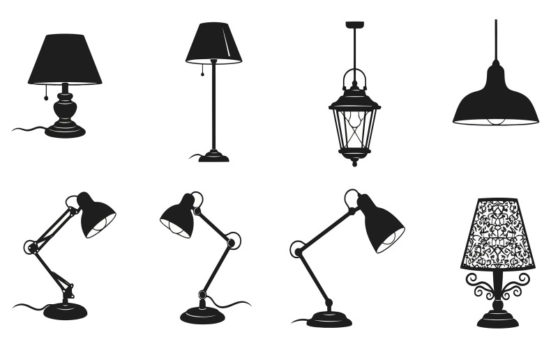 Otto lampade a silhouette nera su illustrazione vettoriale isolata su sfondo bianco
