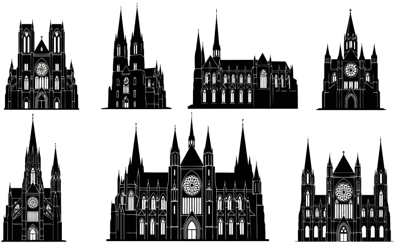 Silhouet van gotische kerkgebouwen, vectorillustratieset, geïsoleerd op een witte achtergrond.