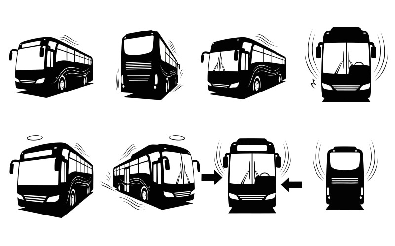 Silueta negra de múltiples iconos de autobús en varias vistas y movimientos aislados sobre fondo blanco