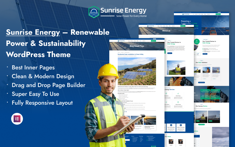 Sunrise Energy - Kit de plantillas Elementor de WordPress para soluciones de energía solar