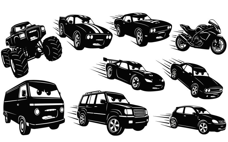 Векторна ілюстрація різних автомобілів та транспортних засобів у стилі силуету, ізольованих на білому тлі