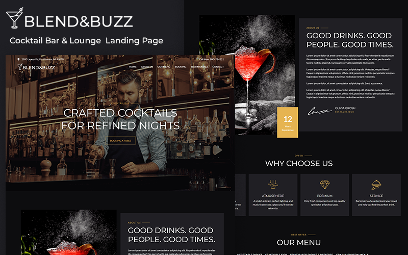 Blend&Buzz – Plantilla HTML5 para página de destino de bar de cócteles y lounge