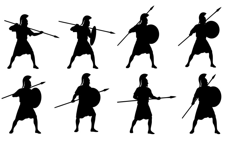 Acht oude krijgers in verschillende gevechtshoudingen, silhouet, vector, geïsoleerd op een witte achtergrond.